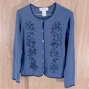 Susan Bristol Blue Floral Embroidered Crochet Trim Cardigan Sweater